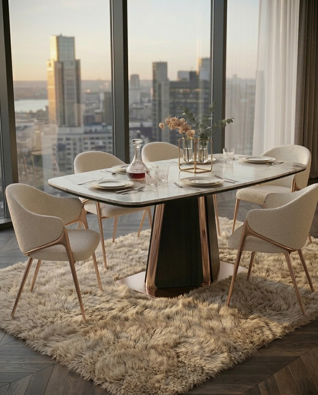 Mesa Eira numa sala de jantar, com cadeiras e acessórios de contexto